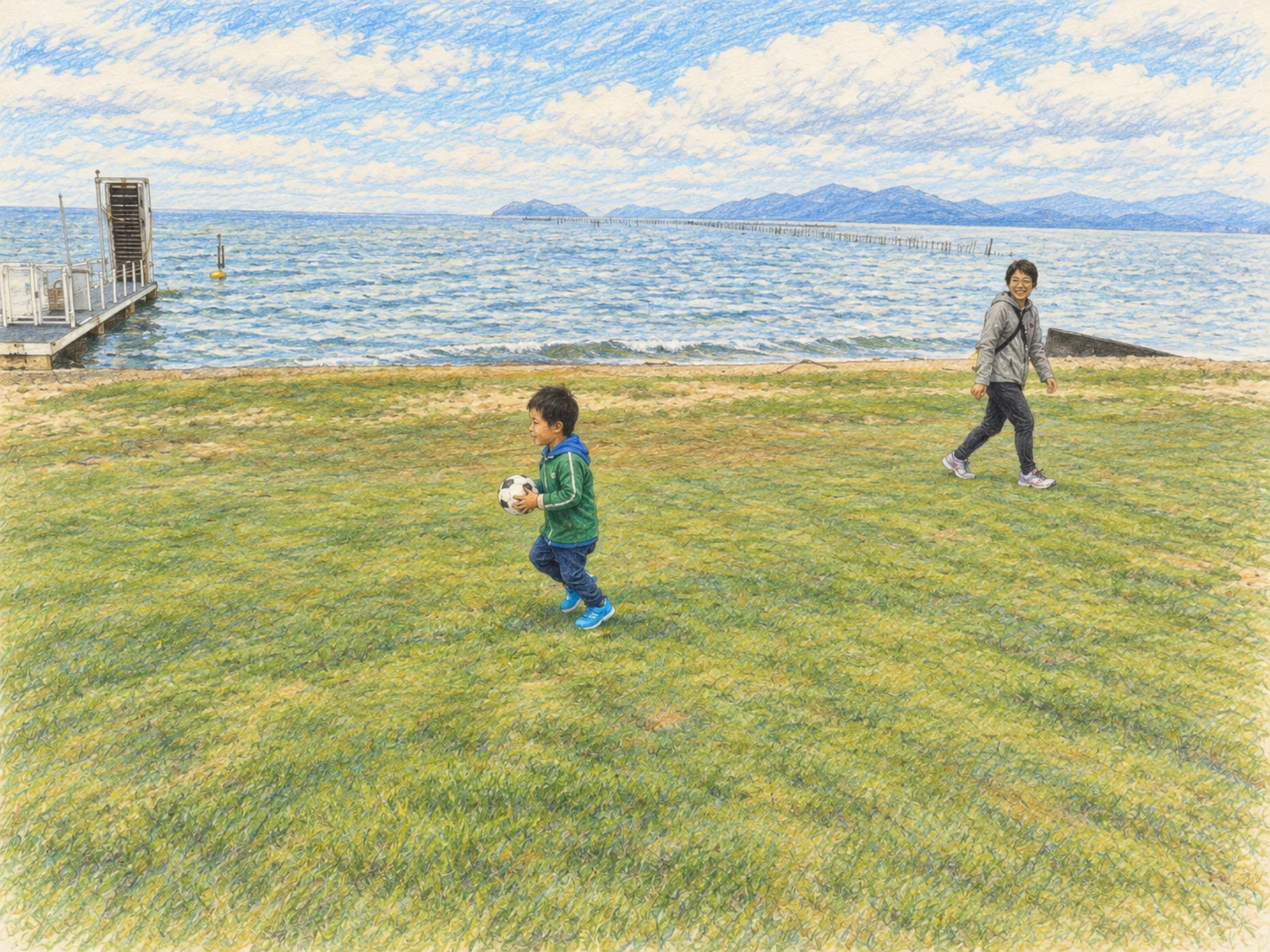 湖前の芝生でボールを持つ子供と、そばにいる大人を描いた色鉛筆画