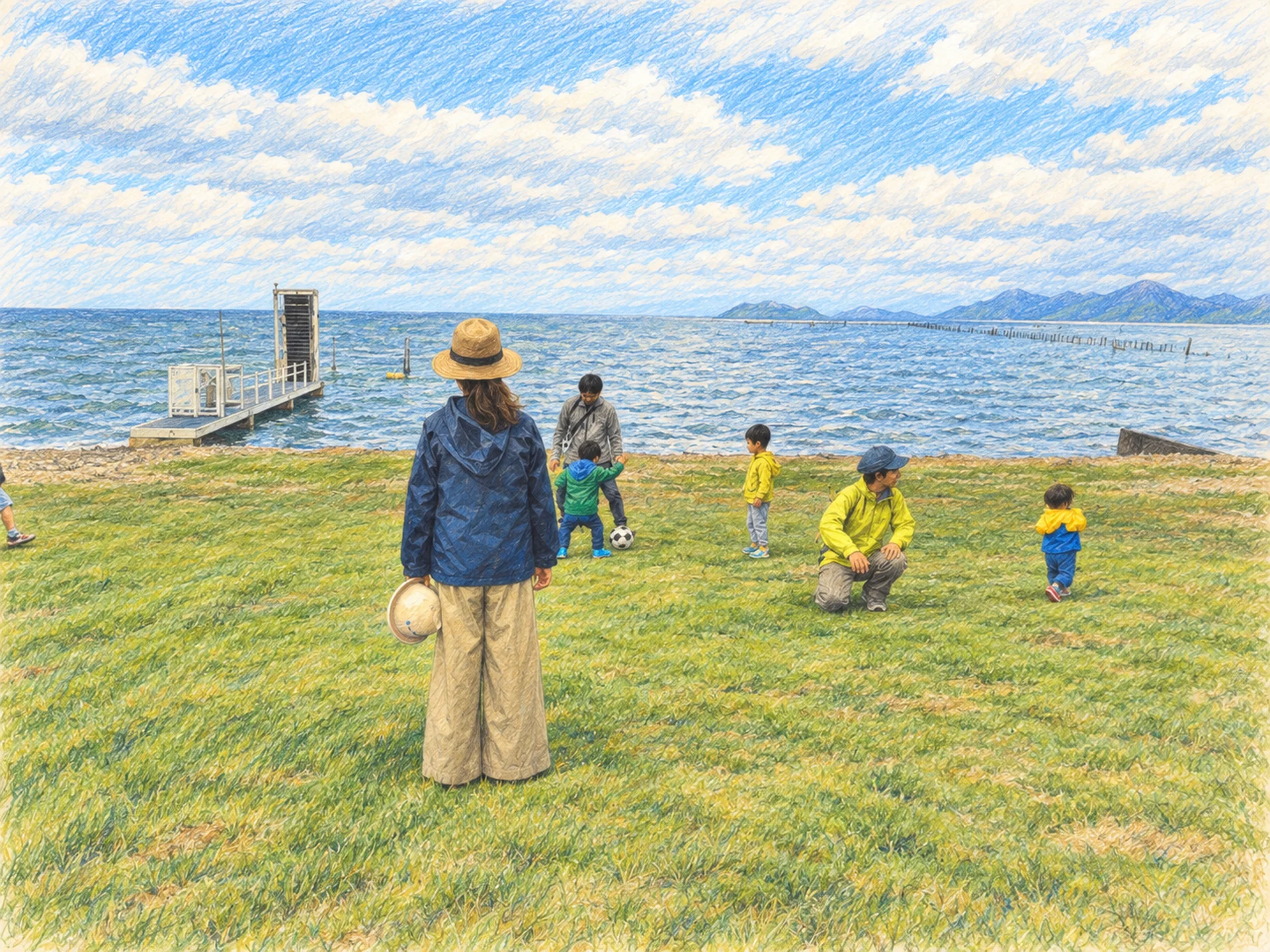 芝生でそれぞれの時間を過ごす子供と大人を描いた色鉛筆画