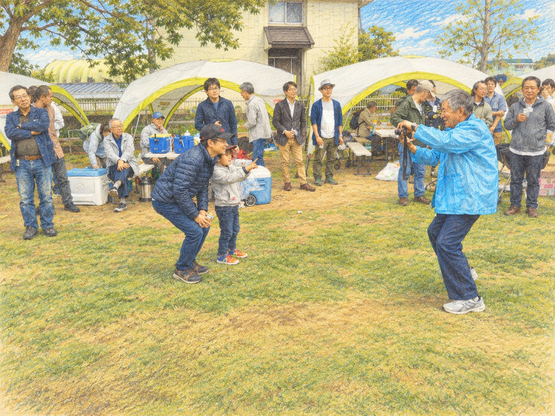 子供のそばにかがむ大人と、写真を撮る参加者を描いた色鉛筆画