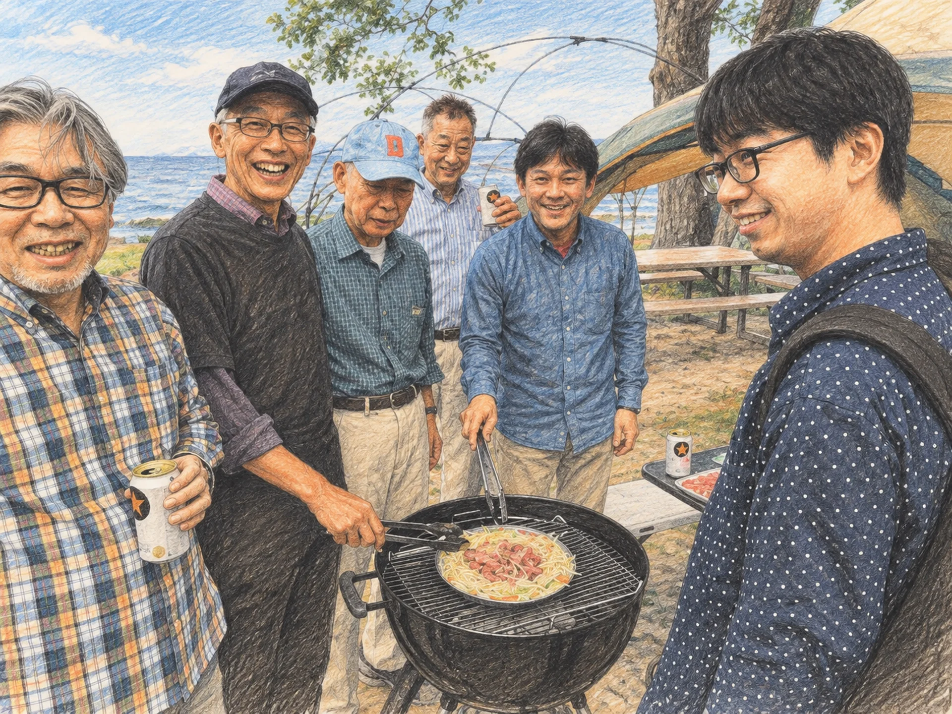 鍋を囲んで笑顔を見せる参加者を描いた色鉛筆画