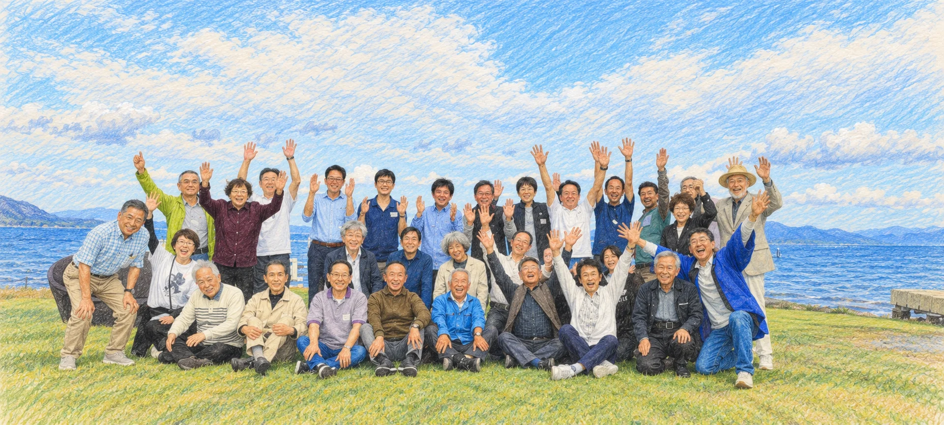 琵琶湖を背に笑顔で手を上げる集合風景を描いた色鉛筆画