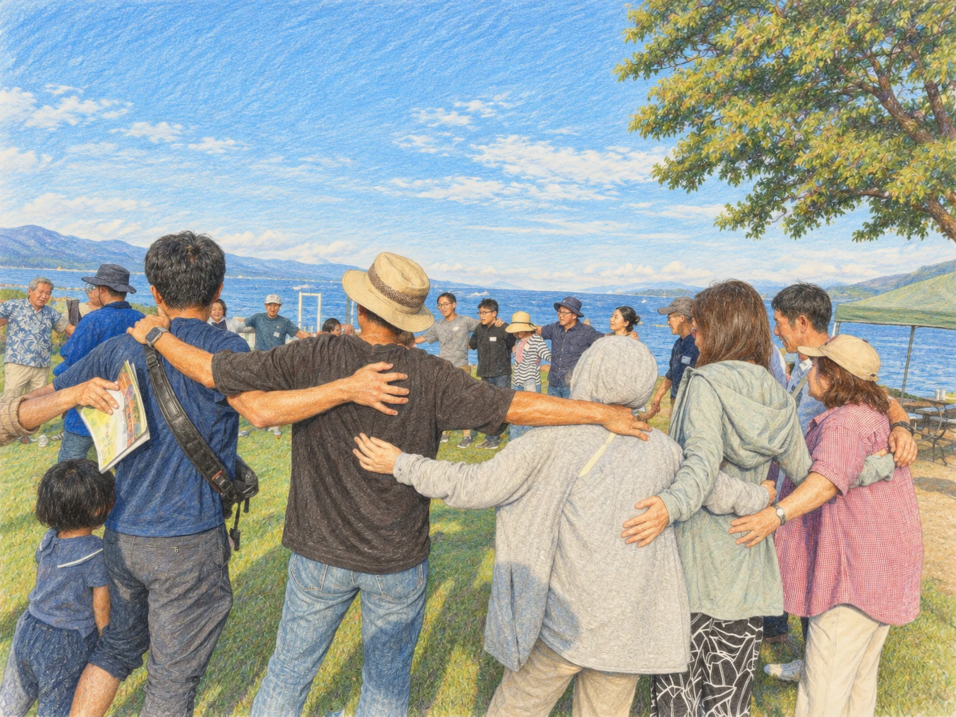 琵琶湖を前に肩を組み、輪になった人々の自然な表情を描いた色鉛筆画