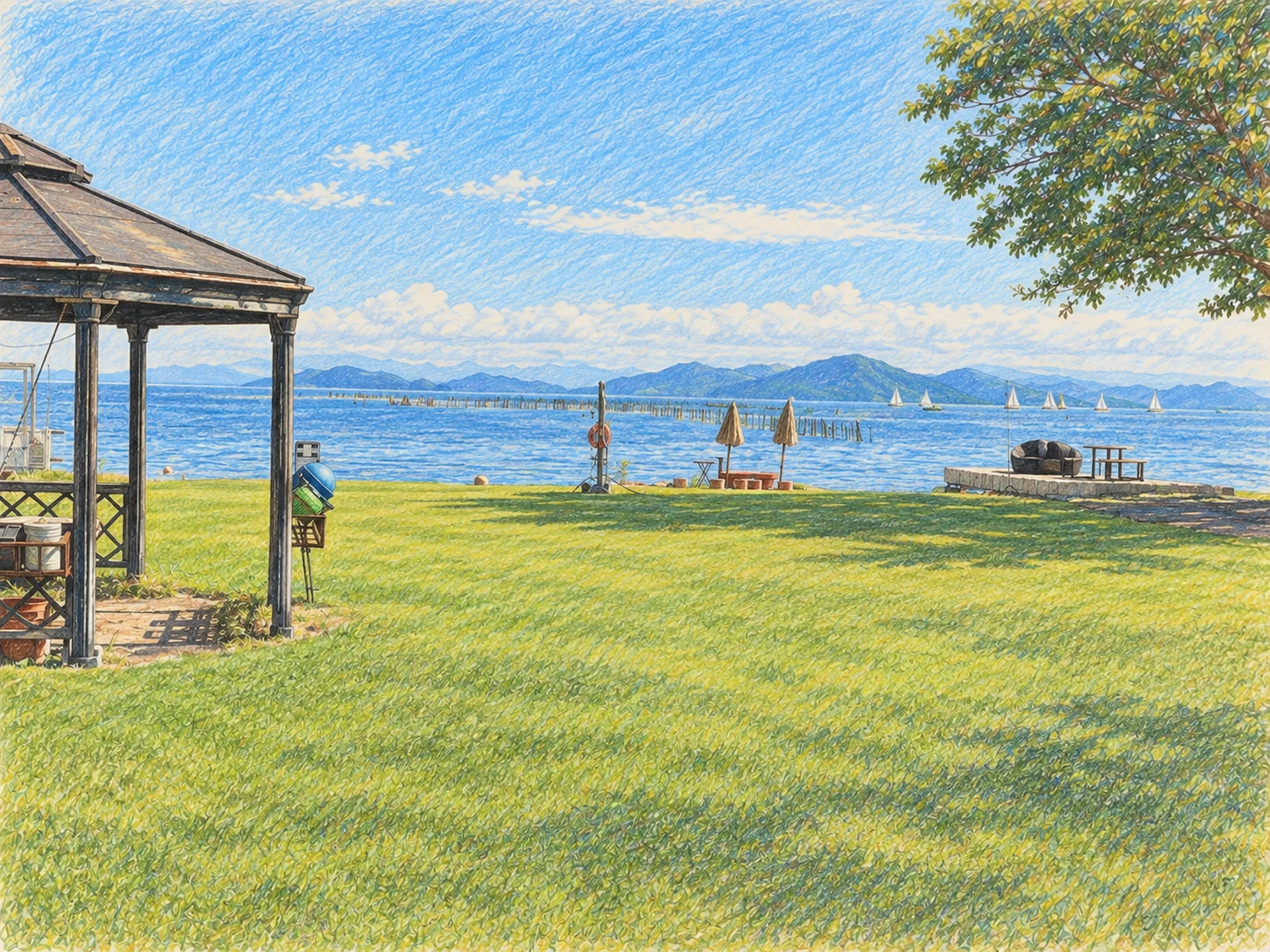 芝生の向こうに広がる琵琶湖と青空を描いた色鉛筆画