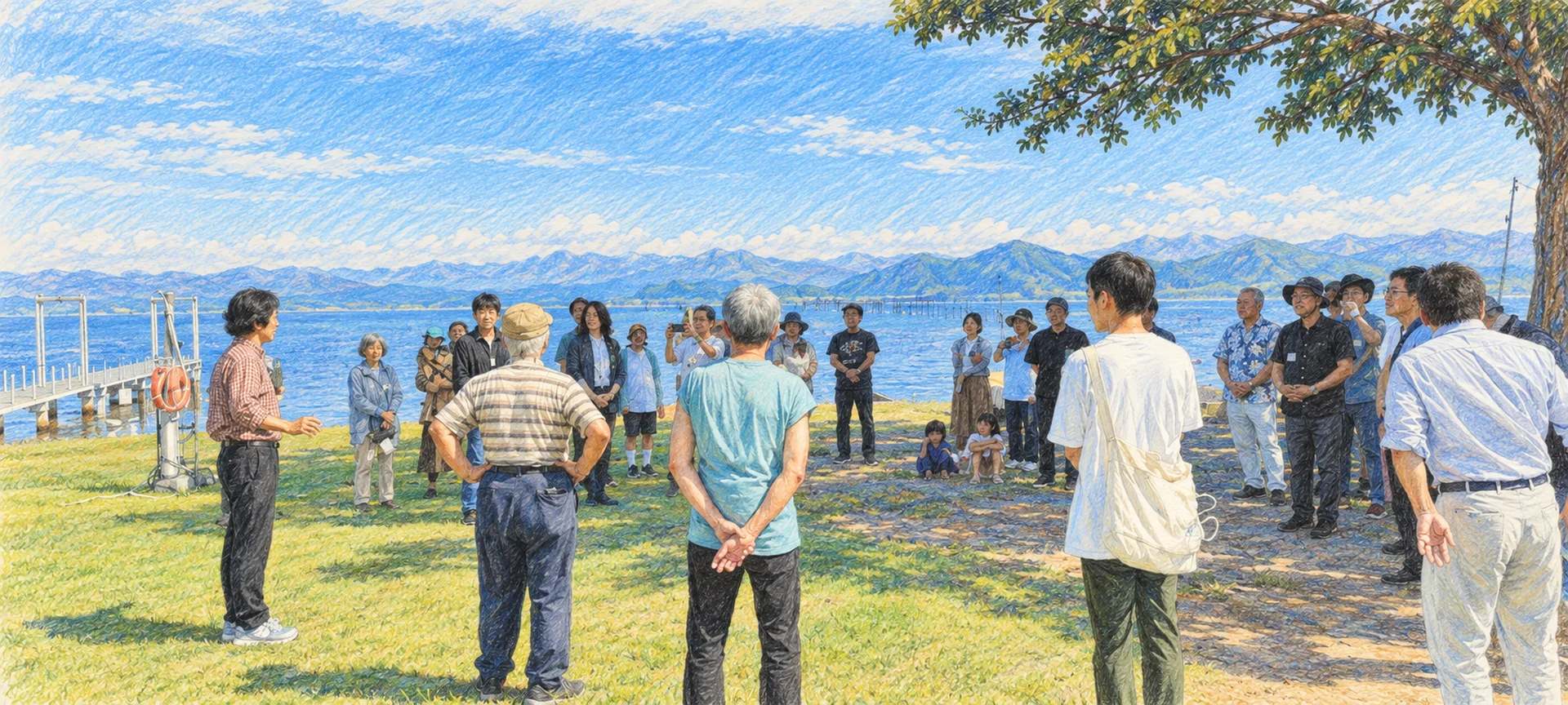 湖の前に広がる参加者の輪を描いた色鉛筆画