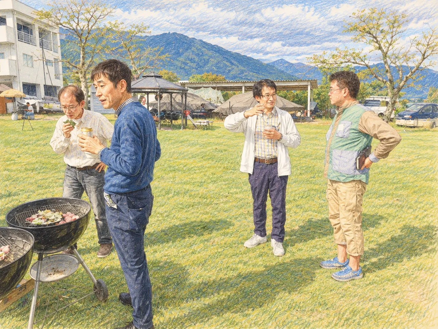 芝生で焼きながら食べながら過ごす参加者を描いた色鉛筆画