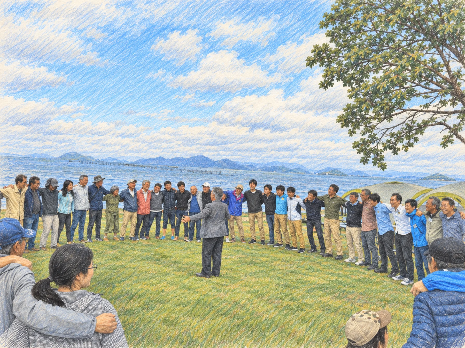 琵琶湖を背に肩を組む大きな輪。2018年の開催風景を描いた色鉛筆画