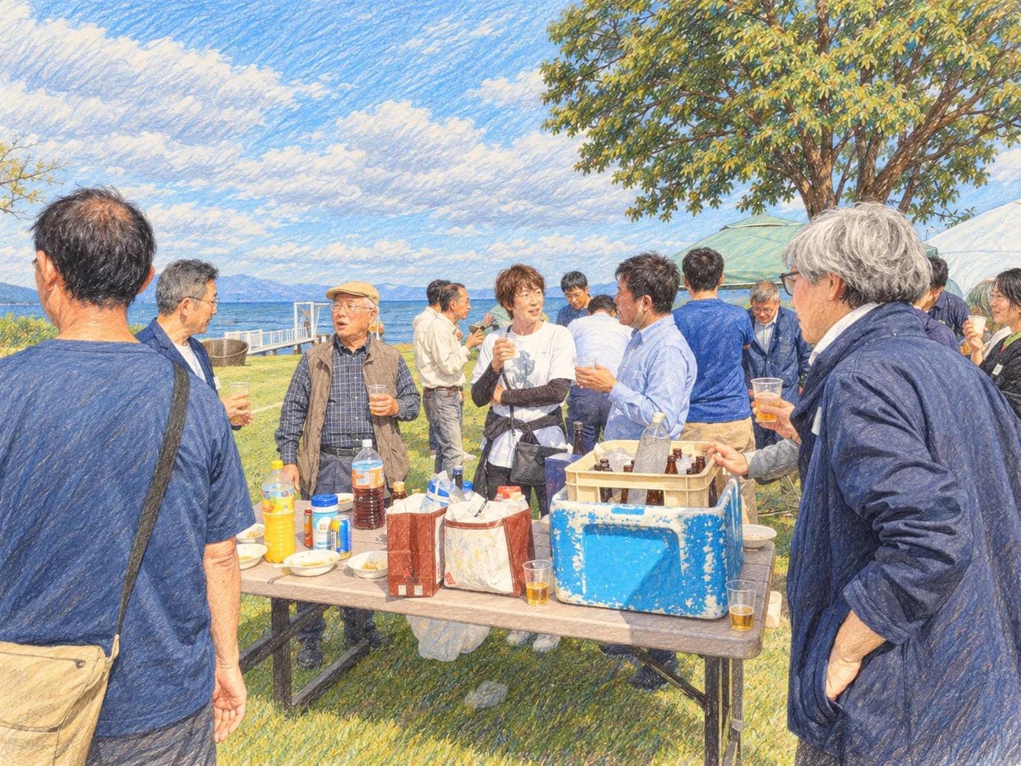 食卓の周りで自然に会話する参加者を描いた色鉛筆画
